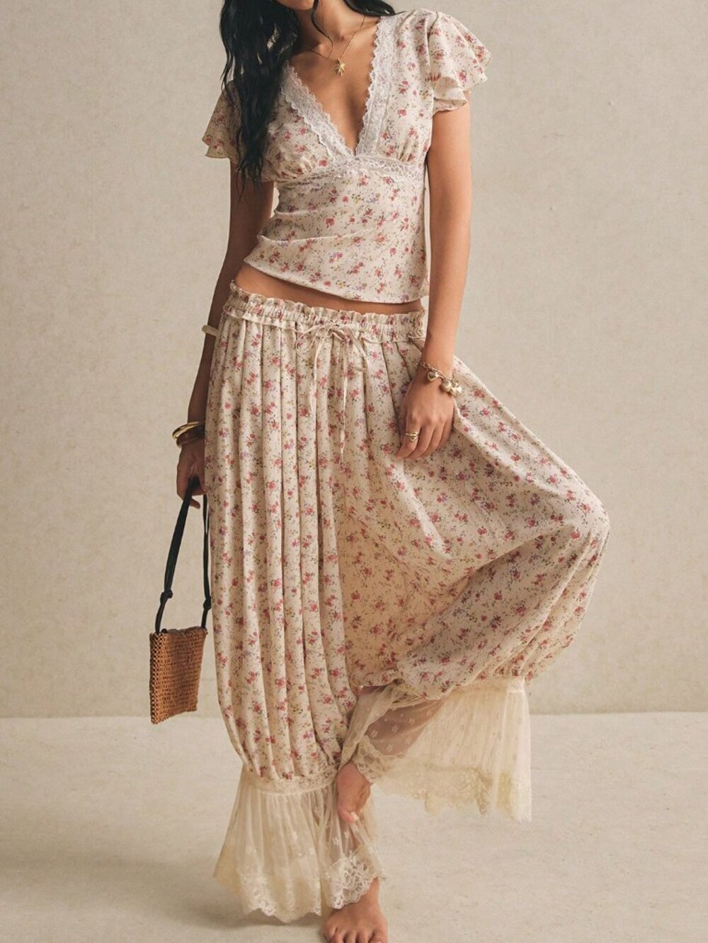 Multicolor Boho Women's High-Waist Drawstring Wide-Leg Palazzo Trousers